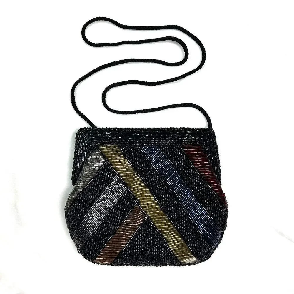 Vintage Beaded Evening Bag Black Rainbow Shoulder Purse Garfinckel's Pocketbook